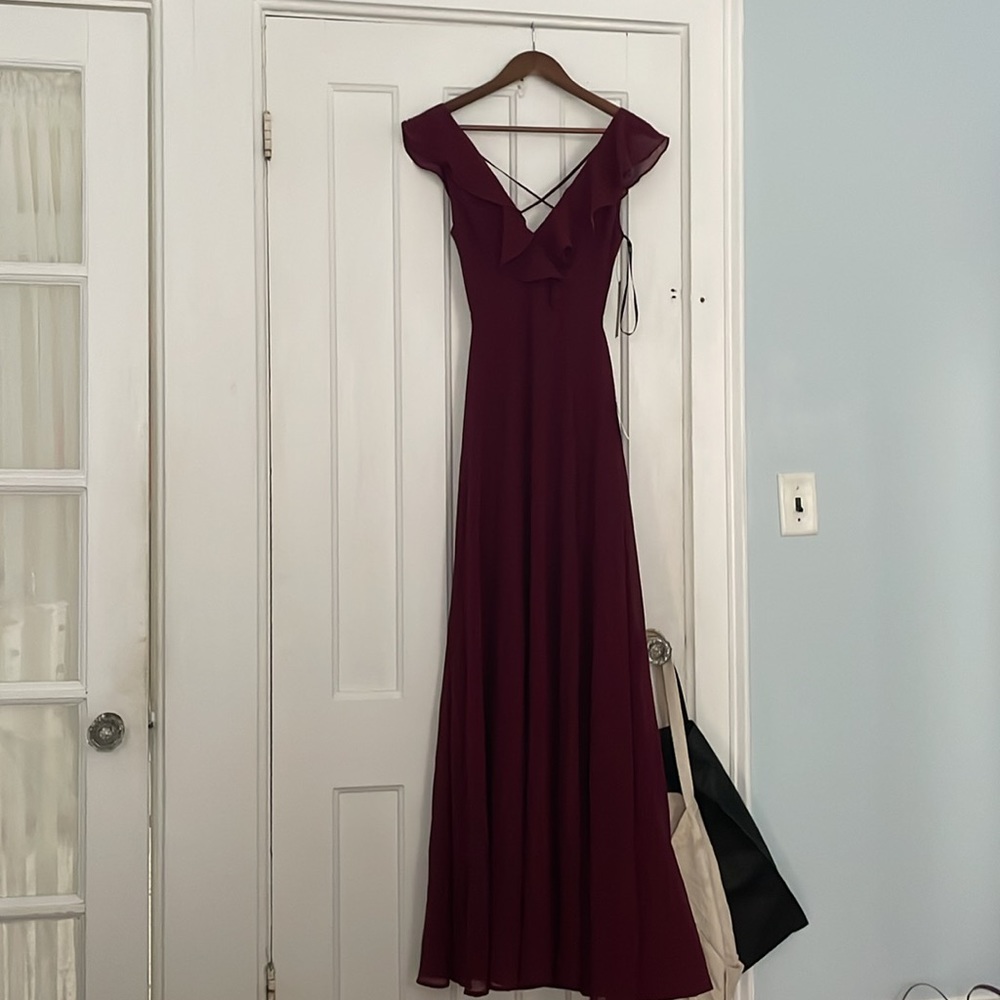 NEW Red prom dress - Feel the Rush Burgundy Ruffled Lace-Up Backless Maxi Dress